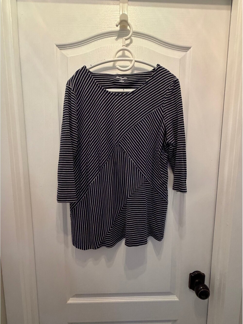 Kim Rogers Navy White Striped Top Chevron 3/4 Sleeve Size M Knit Pullover [COPY]